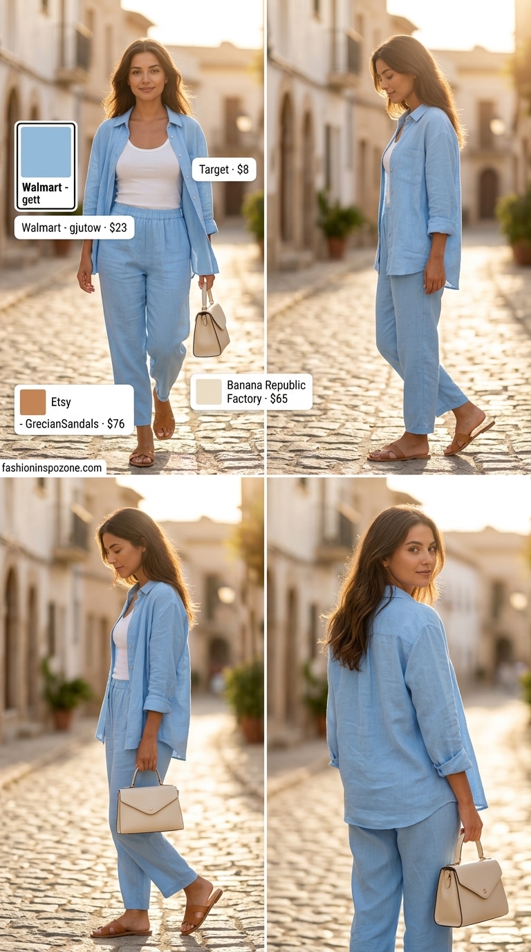 Sky blue linen set: a summer old money linen outfit for women 2026. Serene resort wear style.