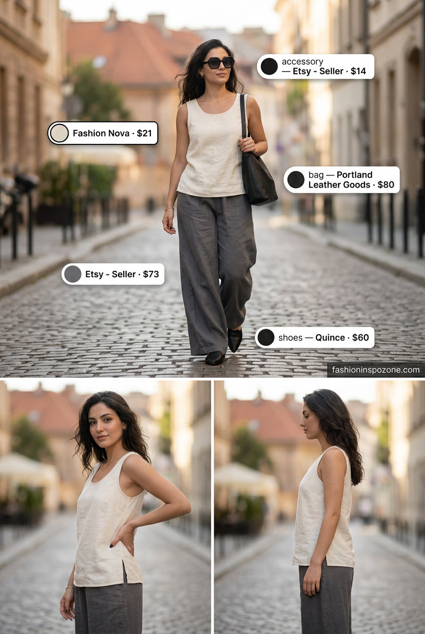 Stone grey linen pants & cream knit top: a summer old money linen outfit for women 2026. Relaxed sophisticated style.