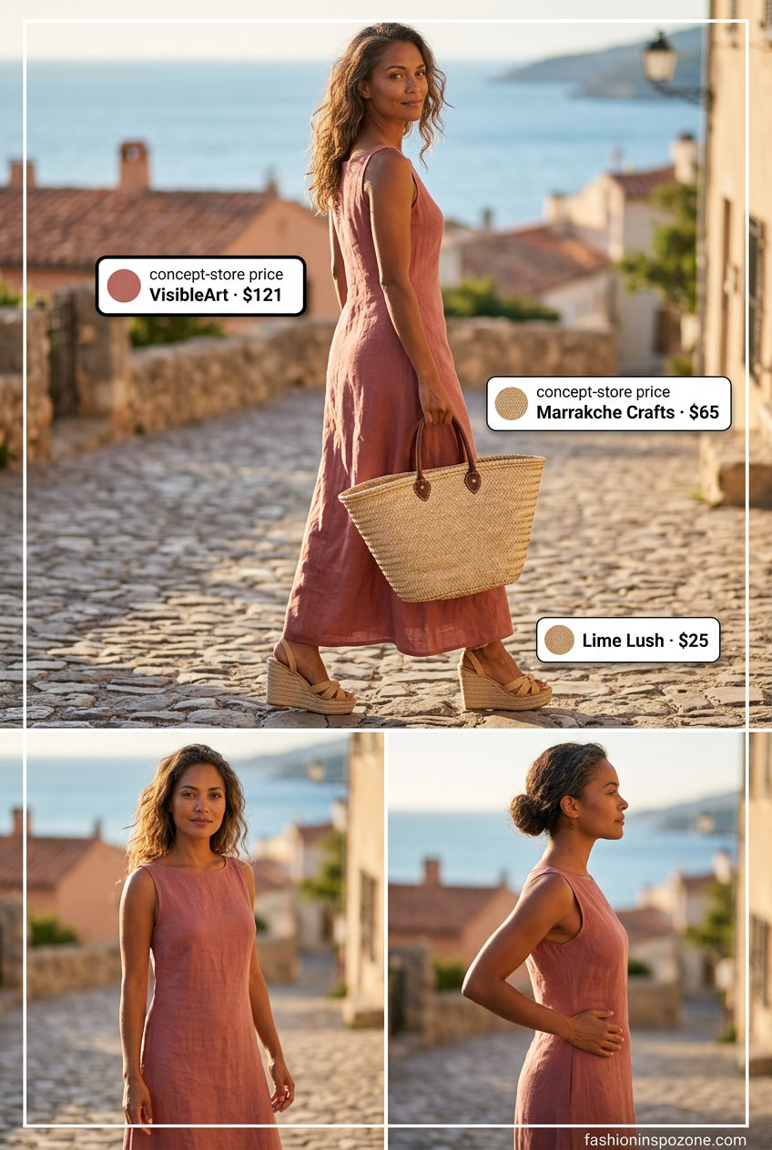 Terracotta linen maxi dress: a summer old money linen outfit for women 2026. Relaxed vacation style.