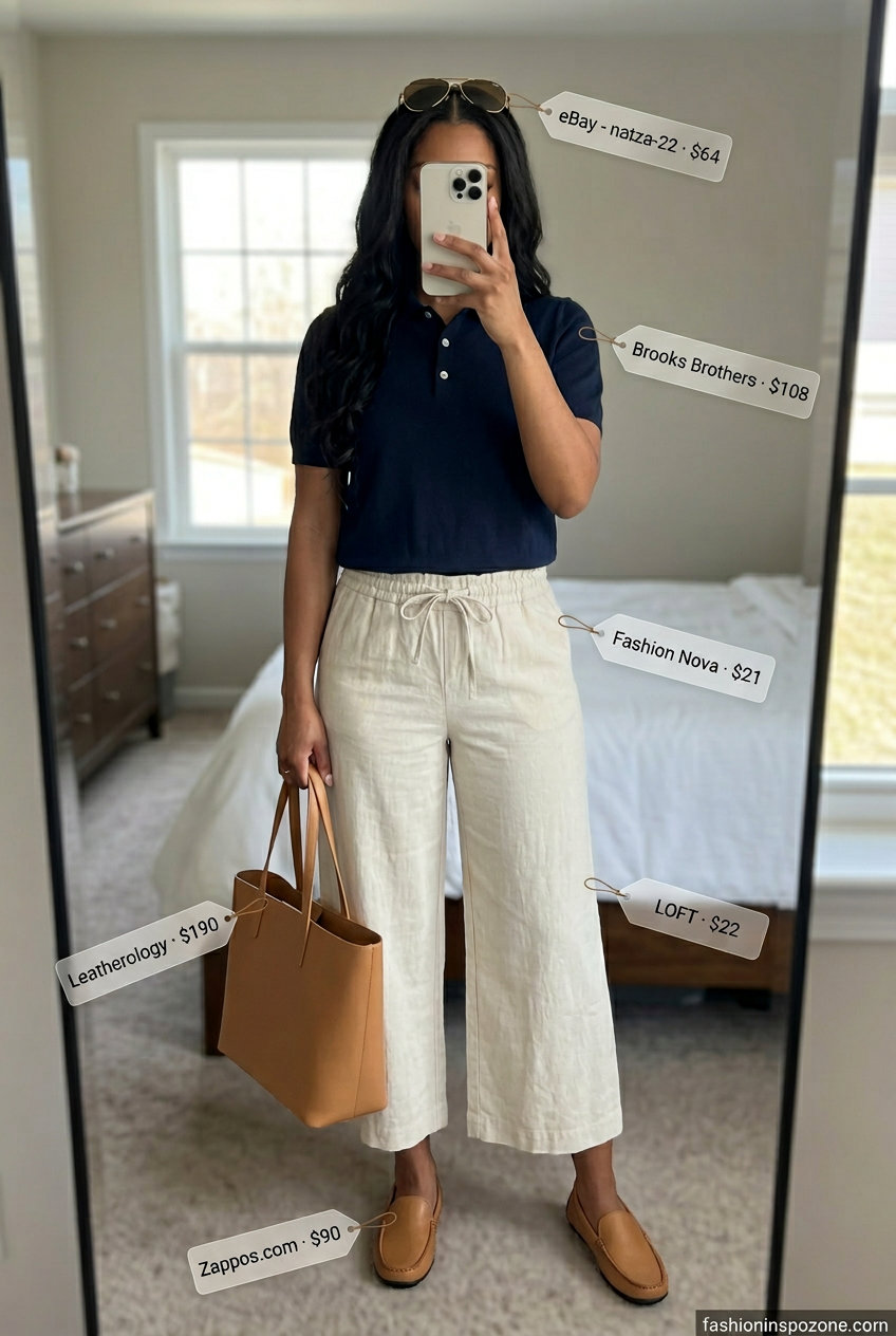 Summer old money linen outfit for women 2026: White linen shorts, navy polo, tan loafers, aviators.