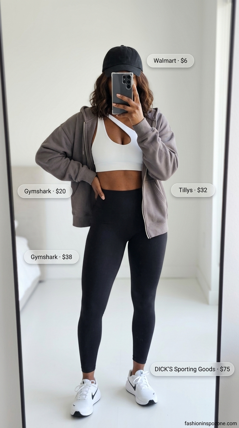 Athleisure summer one shoulder neck outfits for women 2026: Grey hoodie, black leggings, white sports bra top.