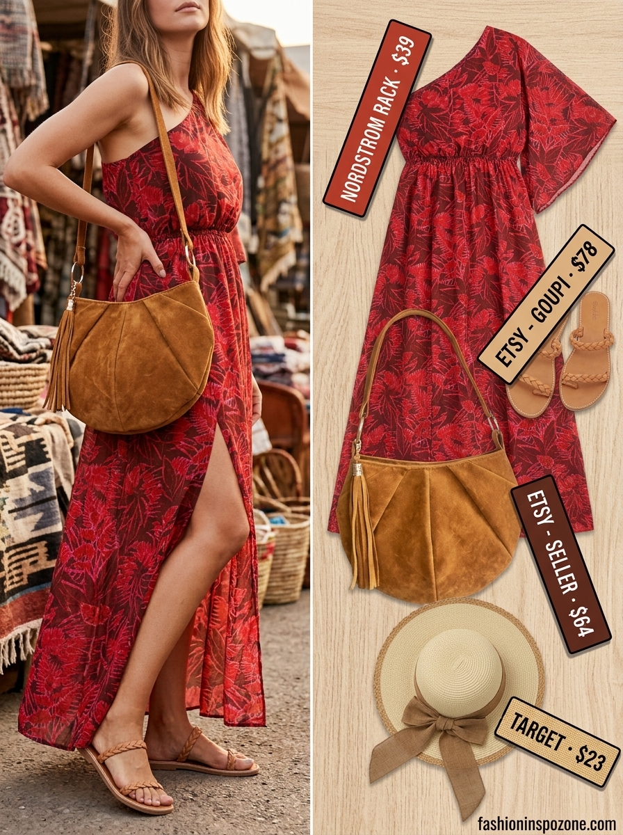 Bohemian Rhapsody summer one shoulder neck outfit for women 2026: Floral maxi dress, straw hat.