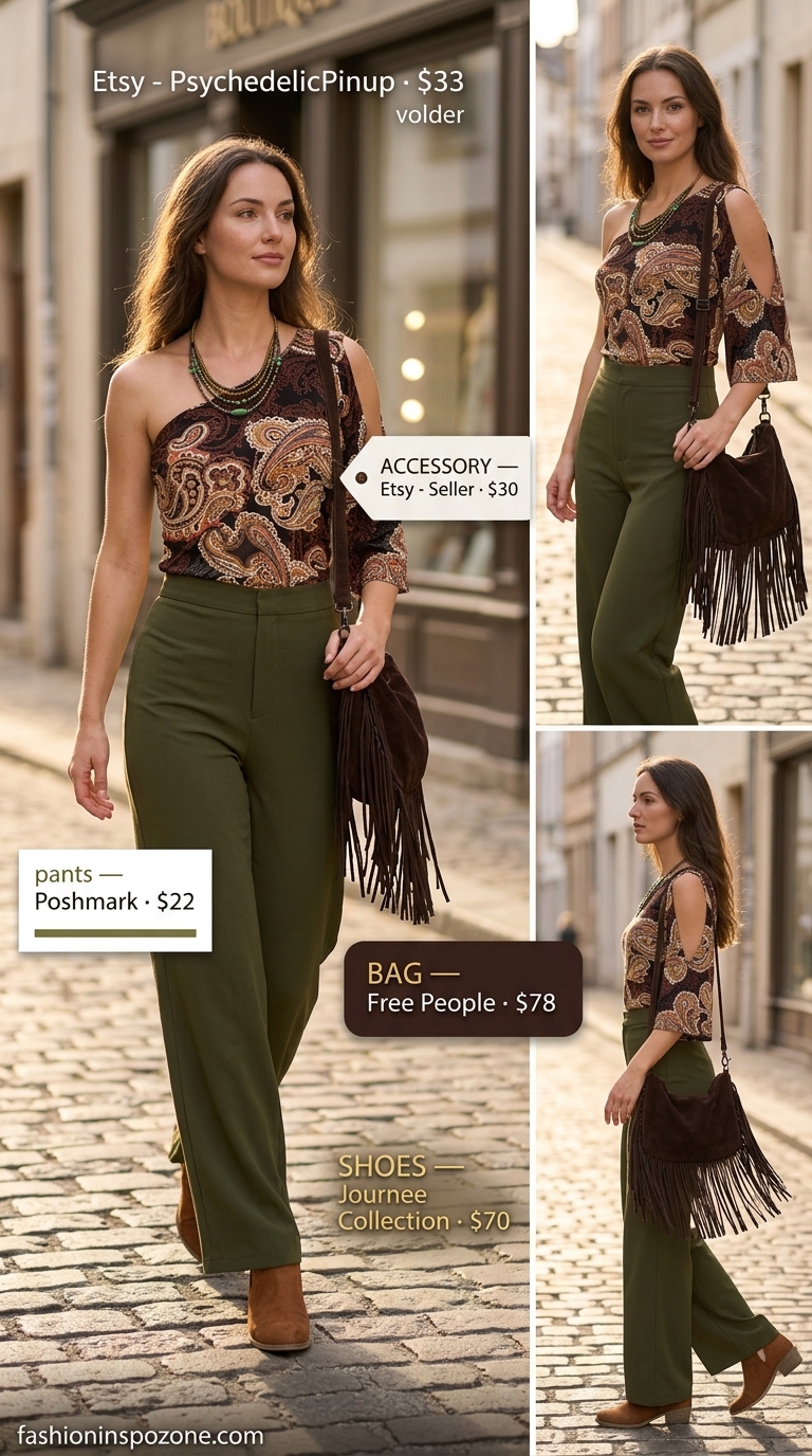 Bohemian summer one shoulder neck outfits for women 2026: Terracotta top, olive pants, suede boots, layered necklaces.