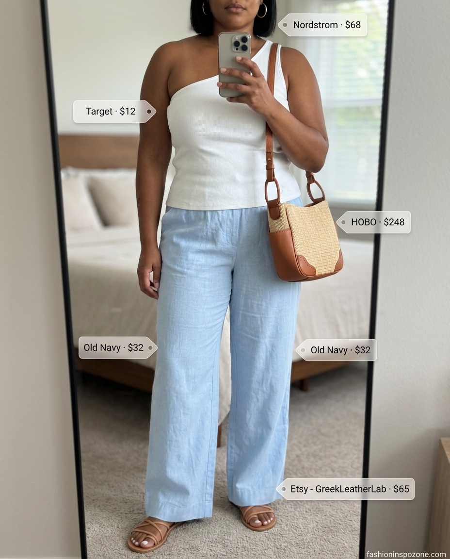Coastal Breeze summer one shoulder neck outfit for women 2026: White tank, sky blue linen pants, straw bag.
