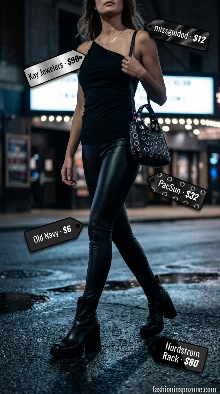 Edgy summer one shoulder neck outfits for women 2026: Black top, faux leather leggings, platform boots, silver necklace.