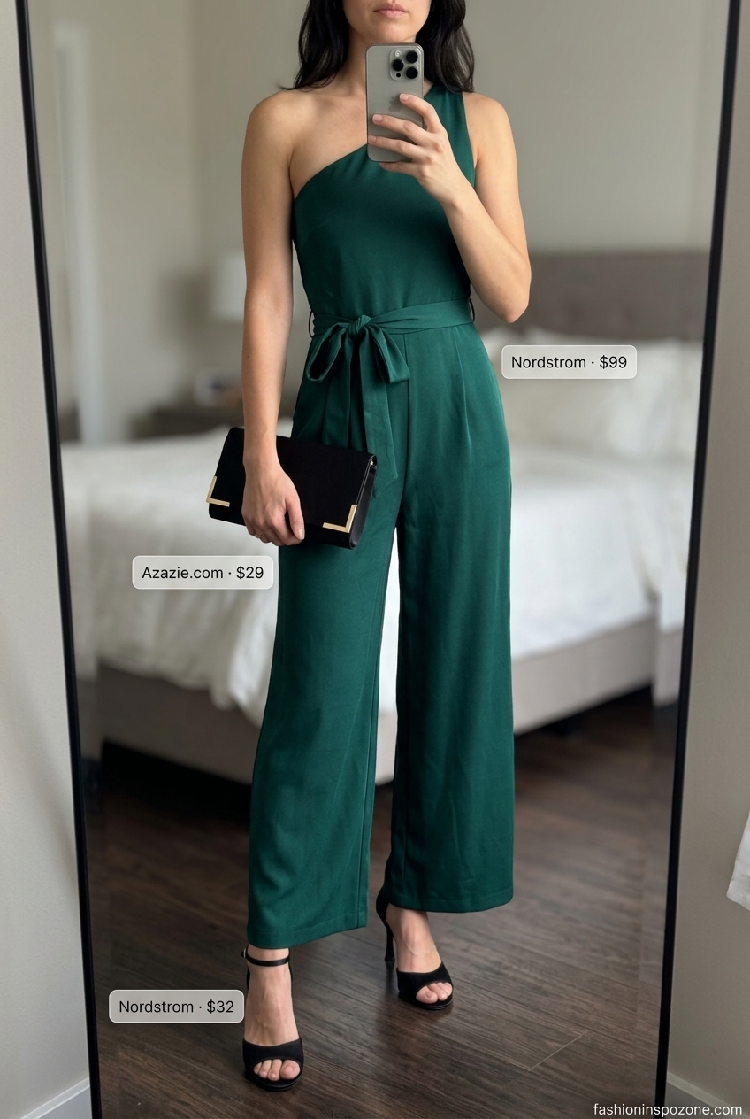 Glamorous summer one shoulder neck outfits for women 2026: Emerald green jumpsuit, gold earrings, black heels.