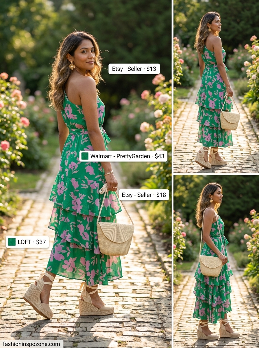 Feminine summer one shoulder neck outfits for women 2026: Pastel pink floral dress, espadrilles, straw bag.