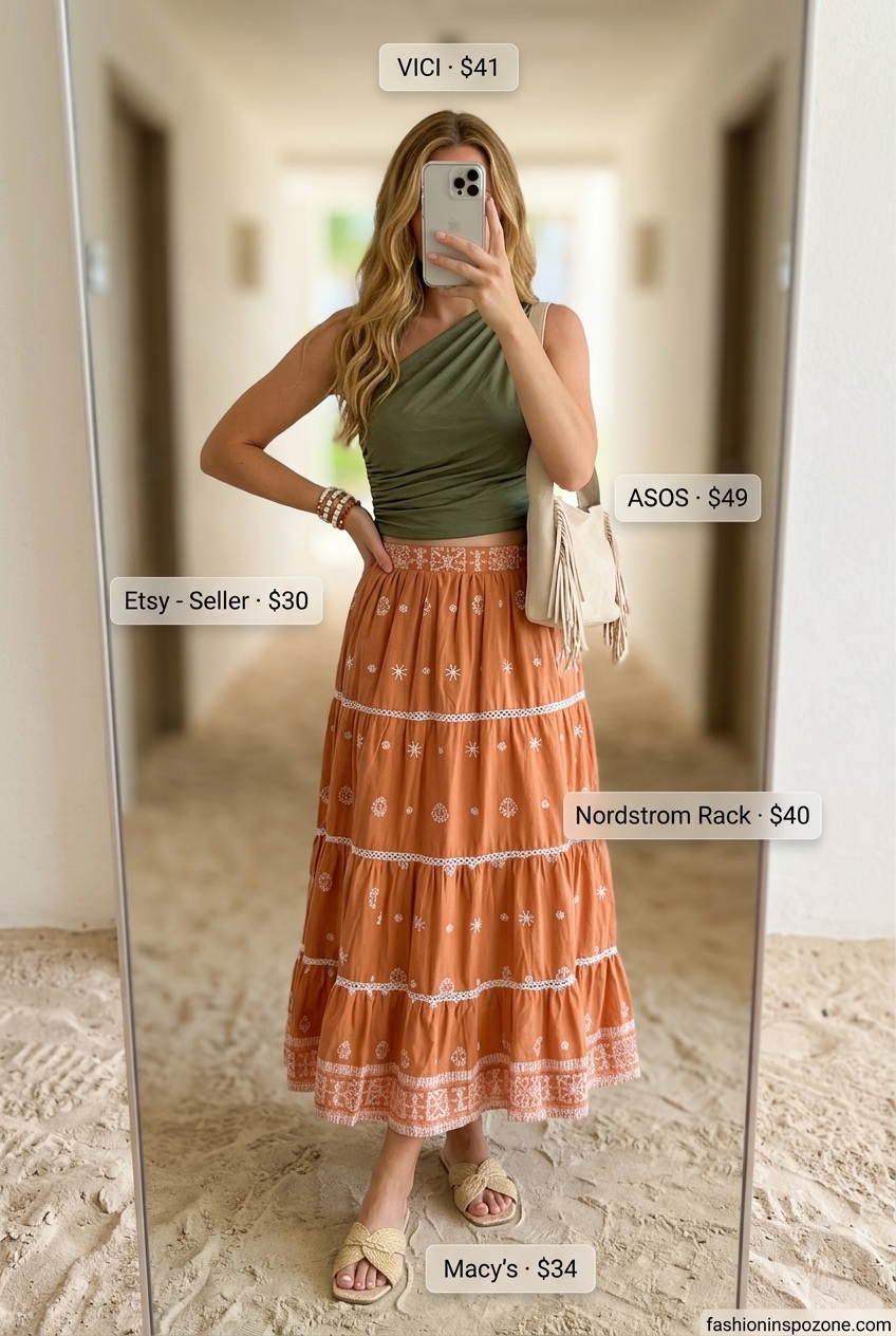 Mediterranean Dream summer one shoulder neck outfit for women 2026: Olive crop top, terracotta tiered skirt.