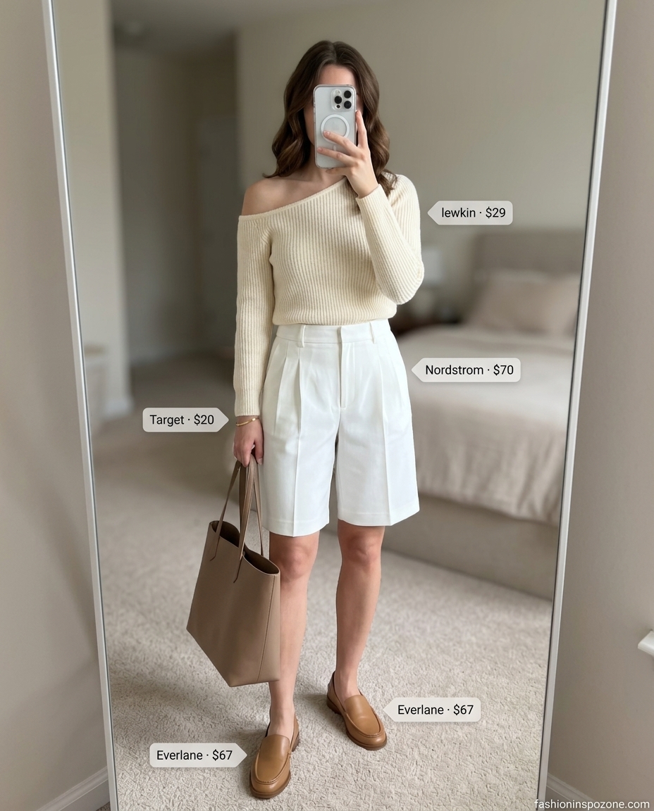 Modern Minimalist summer one shoulder neck outfit for women 2026: Beige knit top, cream shorts, loafers.