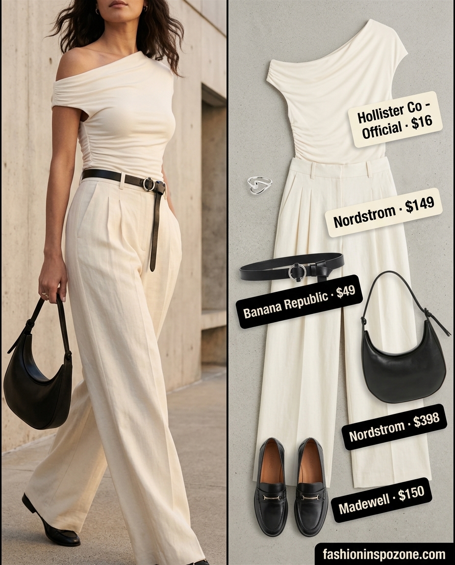 Chic City summer one shoulder neck outfit for women 2026: Beige knit top, ivory trousers, loafers.