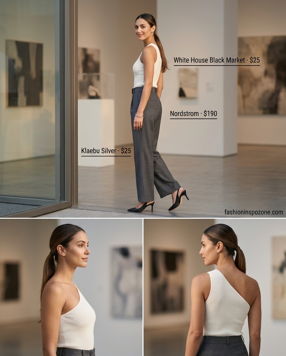 Sophisticated summer one shoulder neck outfits for women 2026: Ivory top, grey trousers, black heels, leather tote.