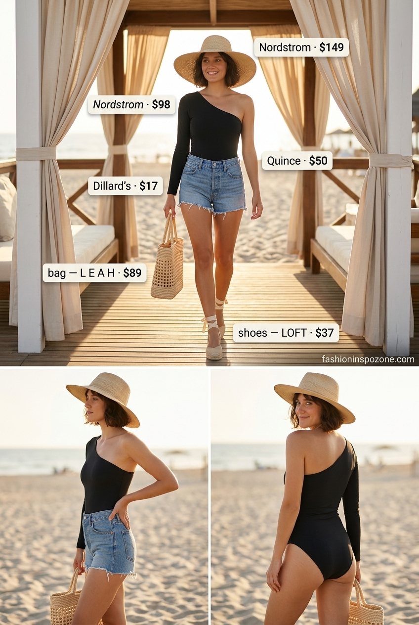 Casual summer one shoulder neck outfits for women 2026: Black swimsuit, denim shorts, straw hat, espadrilles.
