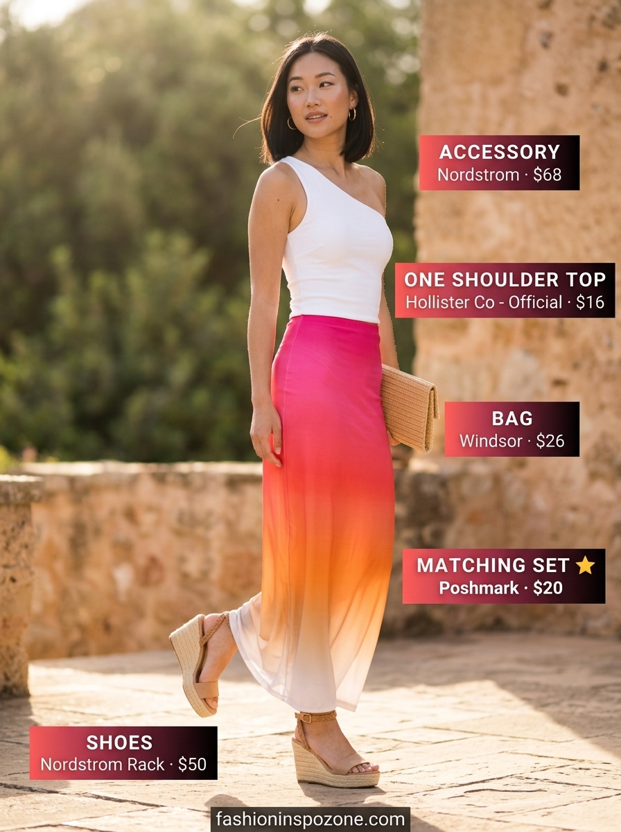 Sunset Glow summer one shoulder neck outfit for women 2026: Gradient set with espadrilles and clutch.
