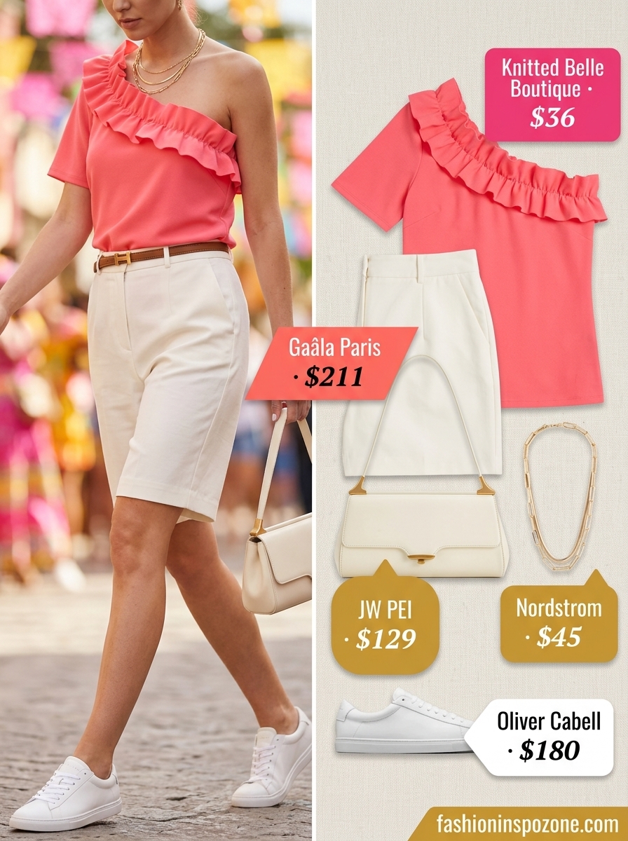 Vibrant Fiesta summer one shoulder neck outfit for women 2026: Fuchsia top, white shorts, gold jewelry.