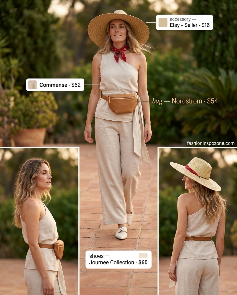 Comfortable summer one shoulder neck outfits for women 2026: Beige knit set, belt bag, straw hat, flat mules.