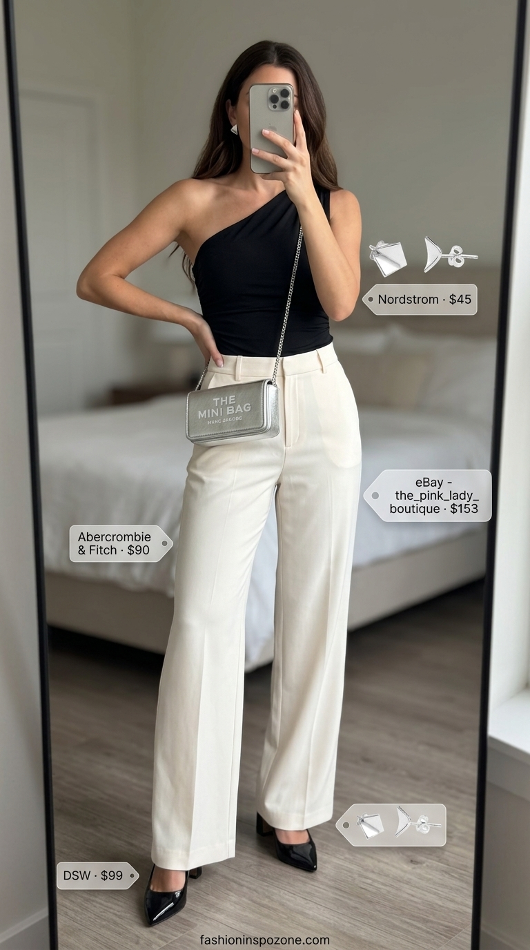 City chic black one shoulder bodysuit, white wide-leg trousers, silver bag for brunch 2026.