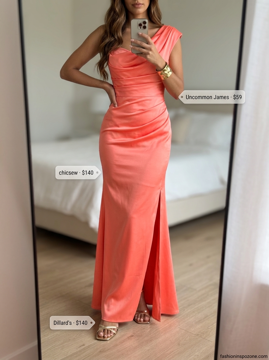 Sunset coral one shoulder maxi dress, gold sandals for evening wedding guest 2026.