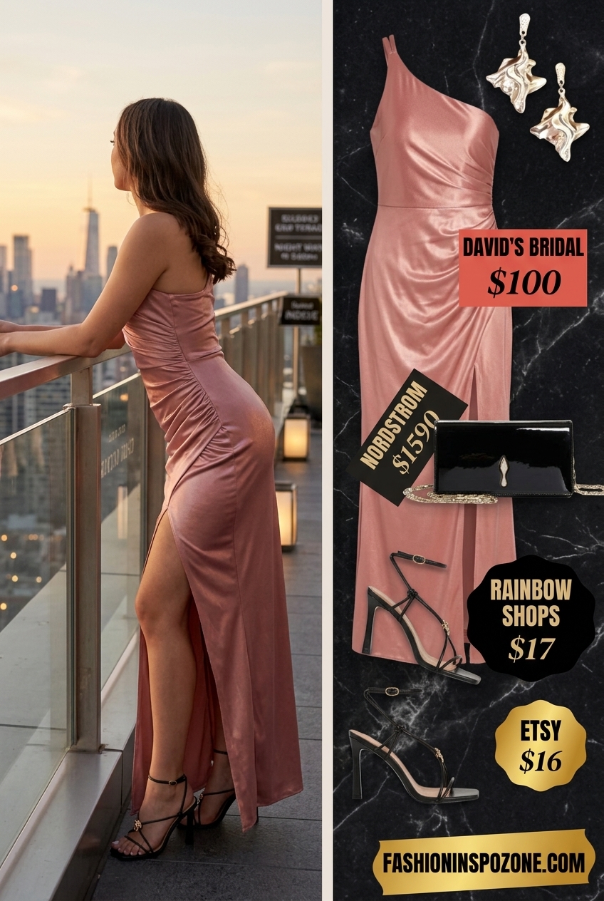 Sunset coral one shoulder slip dress, black heels, gold earrings for date night 2026.