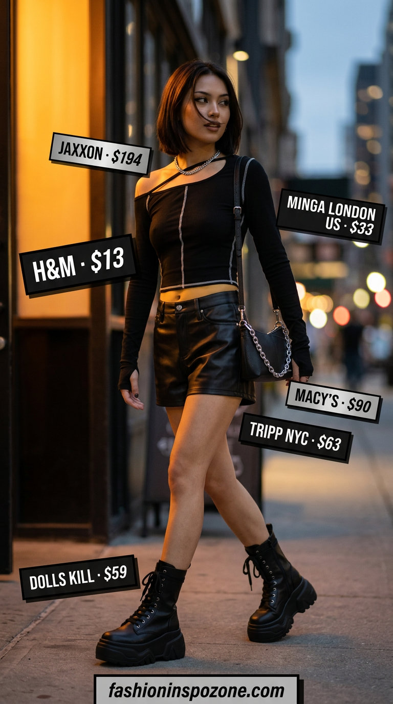 Edgy black one shoulder top, faux leather shorts, combat boots for concert style 2026.