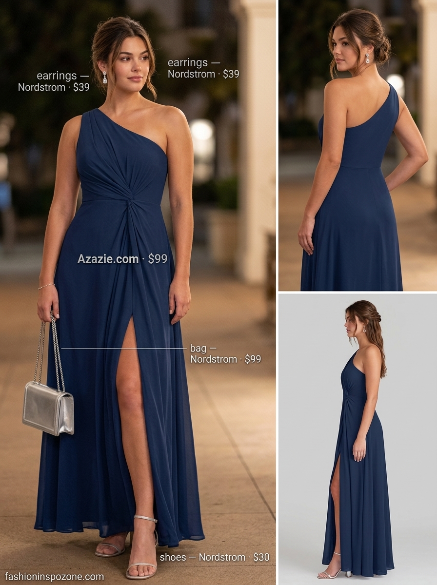 Elegant navy one shoulder maxi dress, silver sandals for formal summer evening 2026.