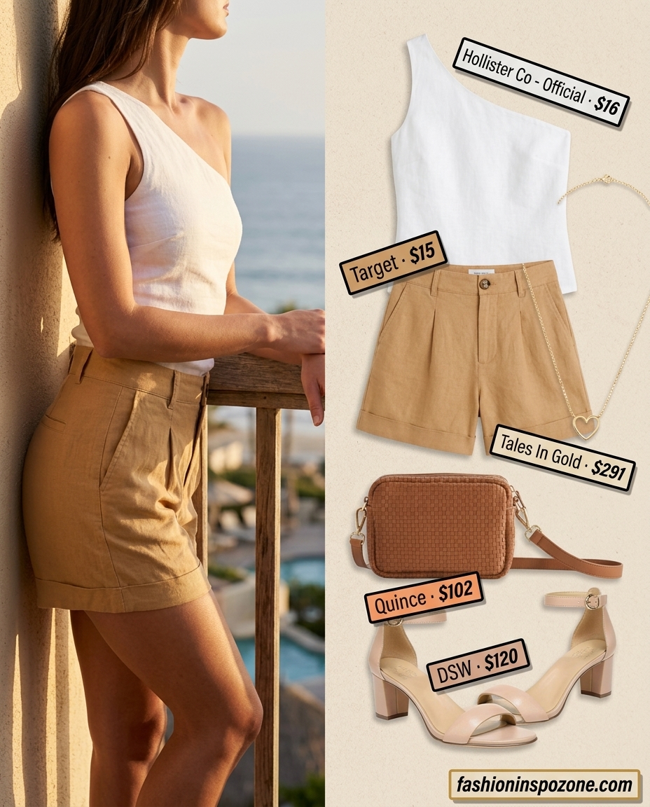 Sophisticated cream linen one shoulder top, tan shorts, and block heels for resort wear 2026.