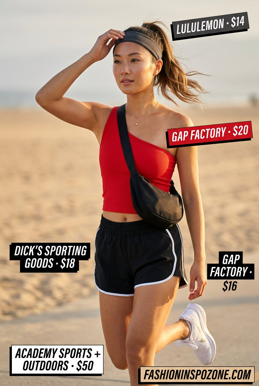 Sporty red one shoulder top, black shorts & white sneakers for active summer outfits 2026.