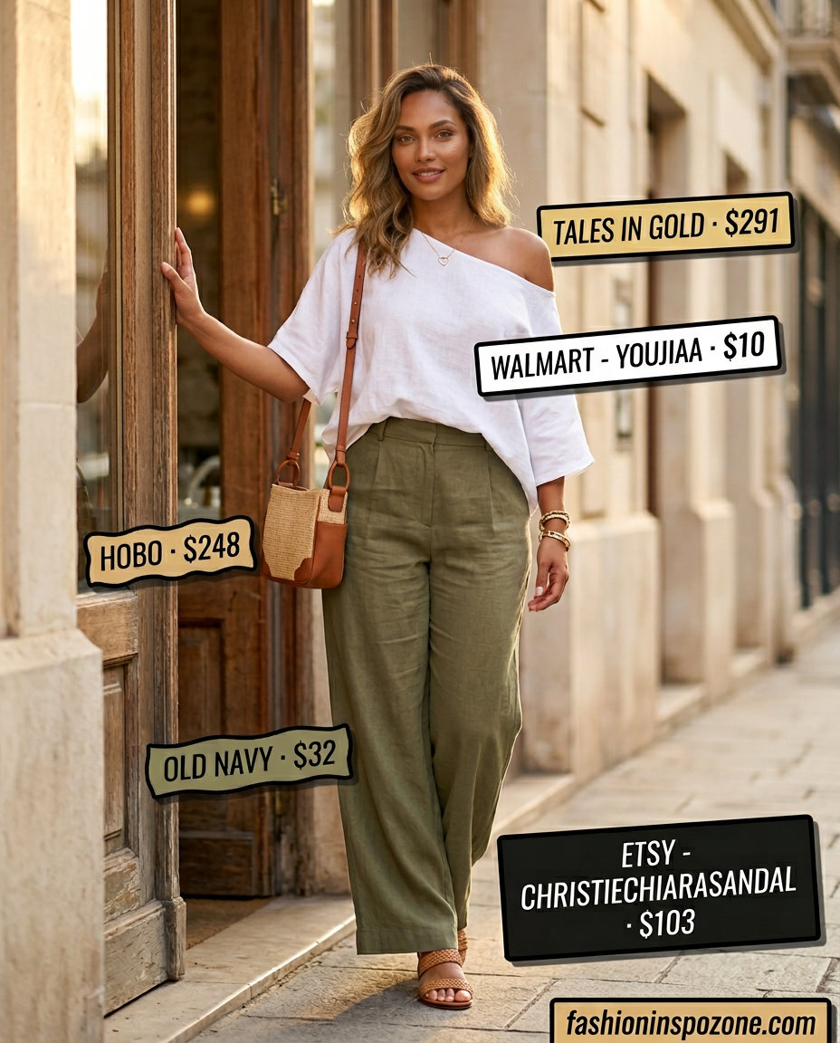 Elegant white one shoulder top, olive green trousers, straw bag for chic lunch 2026.