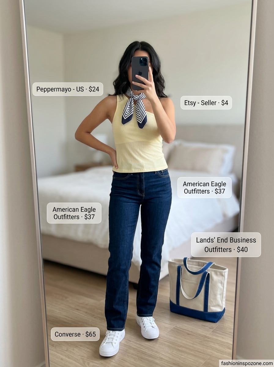 Playful yellow one shoulder puff sleeve top, denim jeans, and white sneakers for casual 2026.