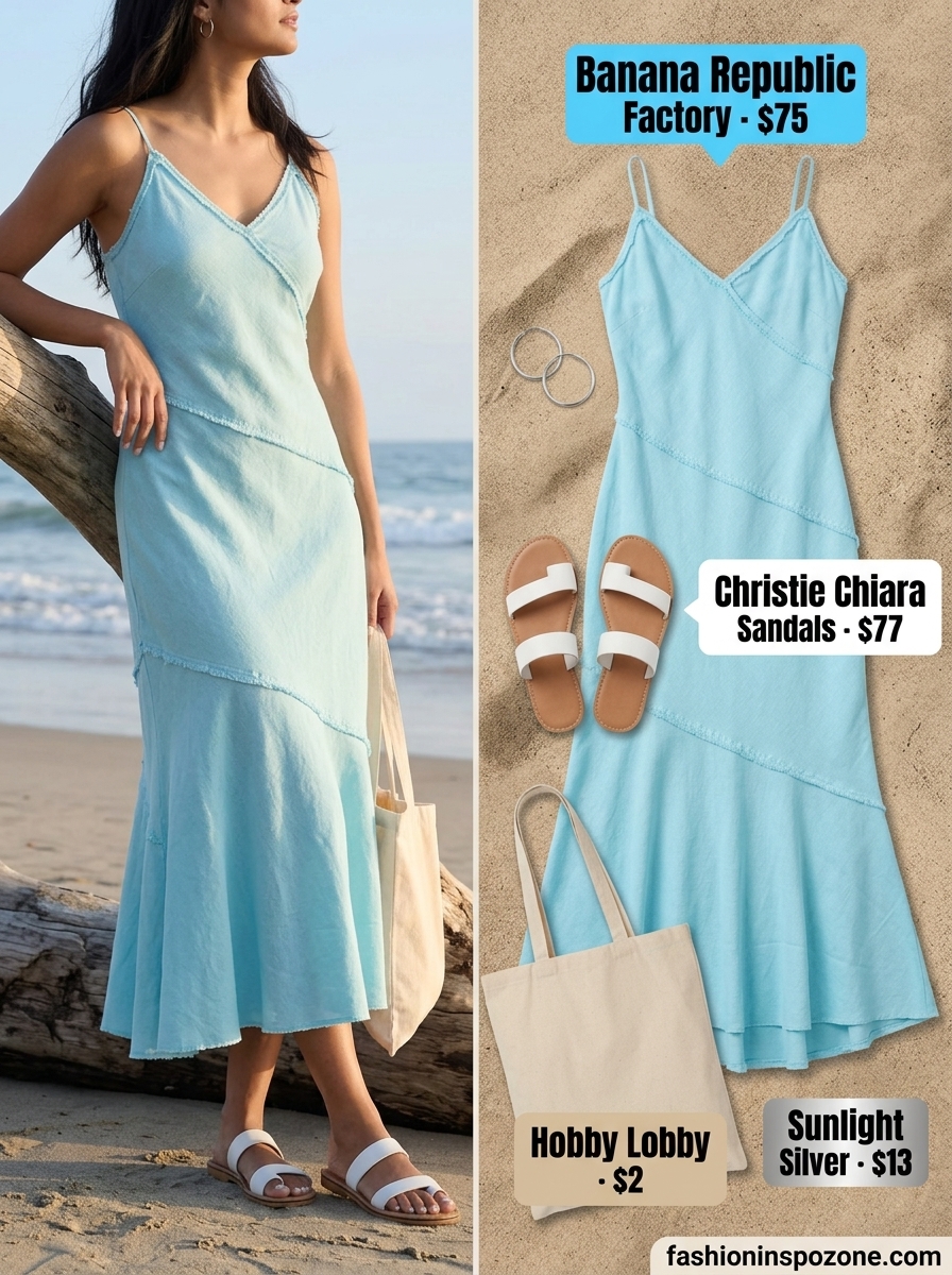 Coastal breeze sky blue linen sundress for summer picnic outfits 2026, with white slides and canvas tote.