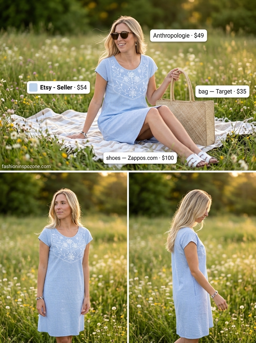 Sky blue sundress outfit for summer picnic 2026. Breezy cotton dress, straw tote, and leather slides.