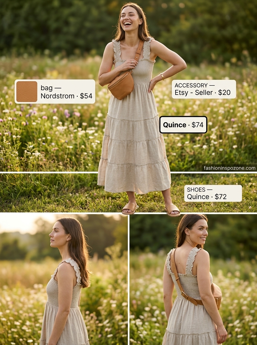 Beige linen midi sundress outfit for effortless summer picnic 2026. Minimalist style with leather slides and belt bag.