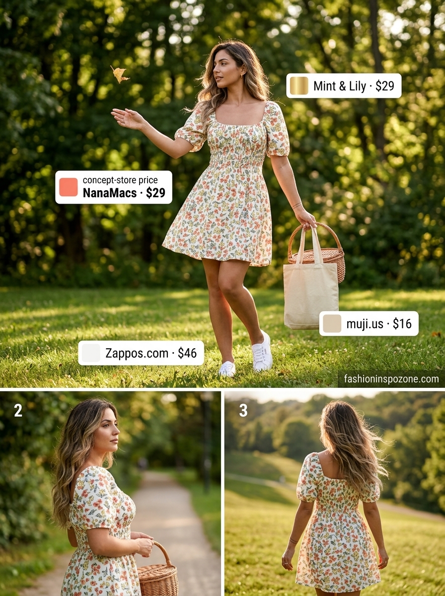 Playful pastel floral mini sundress outfit for a summer picnic 2026, with canvas sneakers and a large tote.