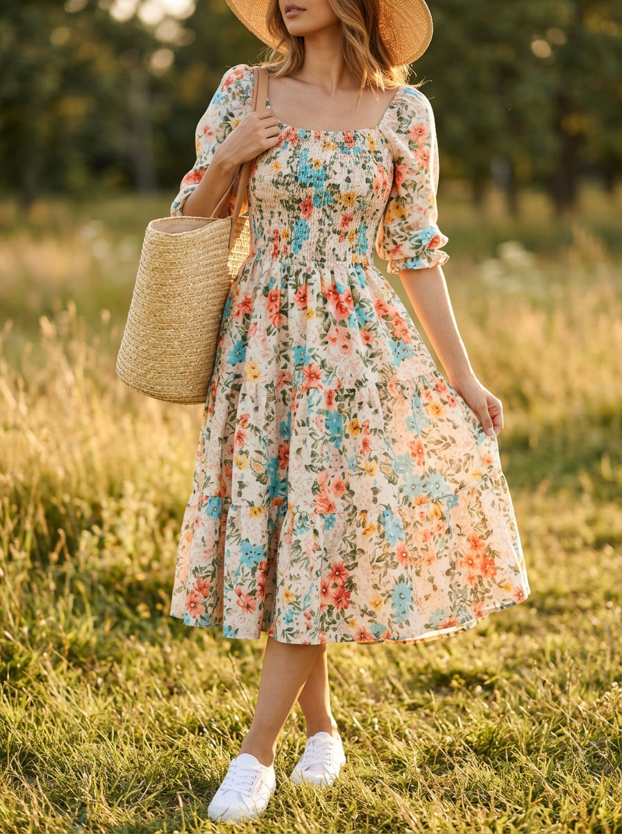 Pastel floral sundress for summer picnic outfits 2026, styled with canvas sneakers and straw tote.