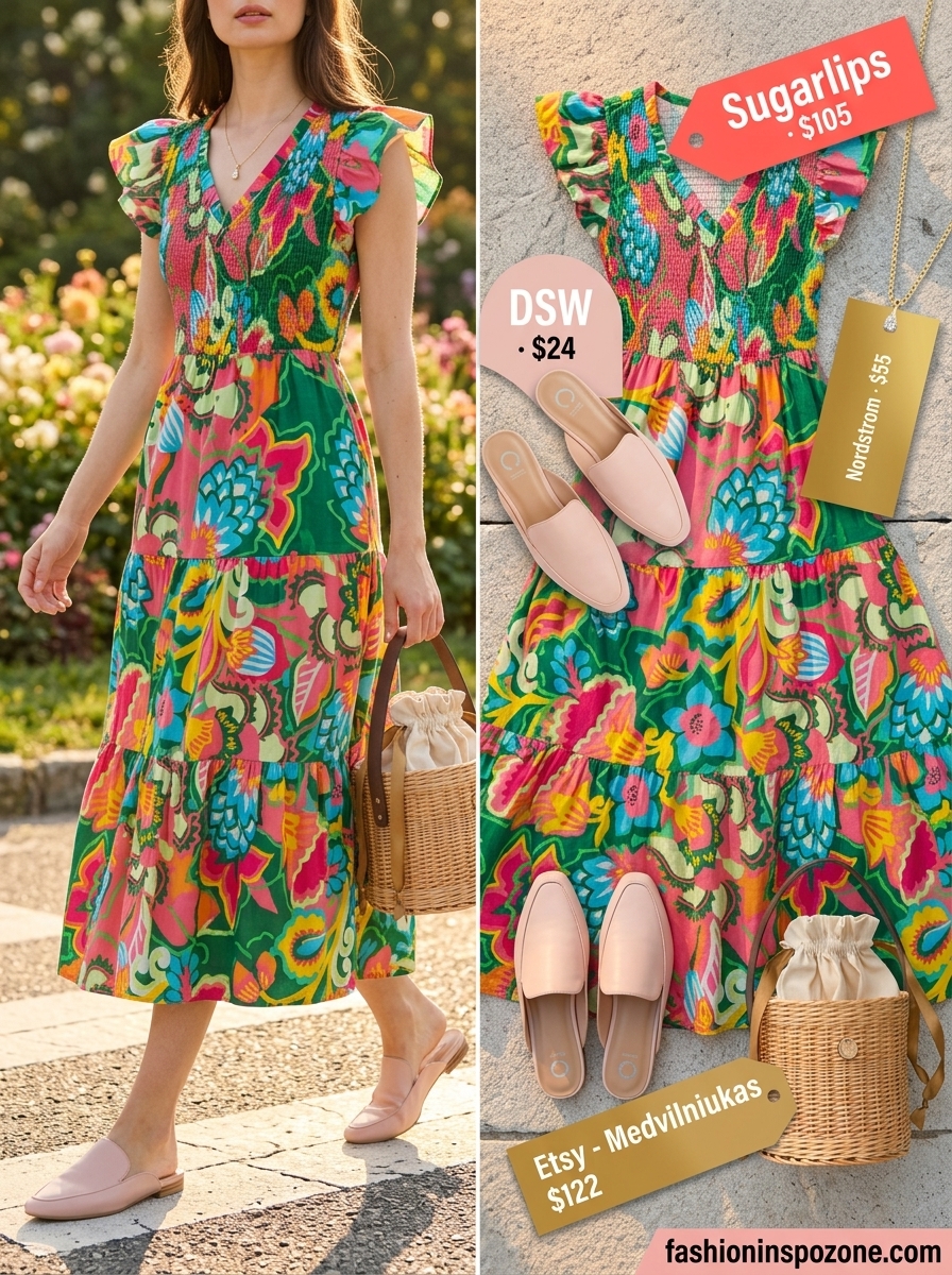 Multi-color floral tiered sundress for summer picnic outfits 2026, with block heels and straw basket bag.