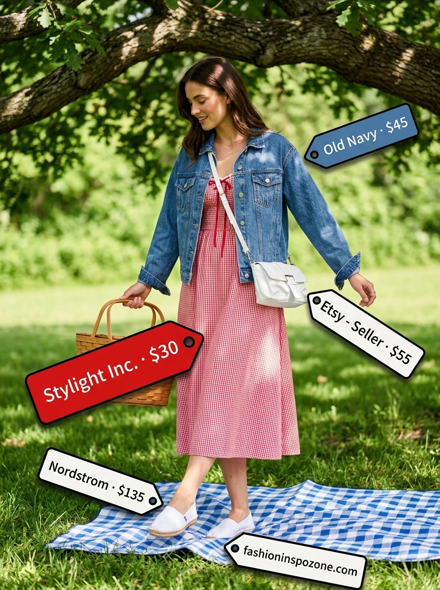 Red gingham sundress for summer picnic outfits 2026, with denim jacket, espadrilles, and crossbody bag.