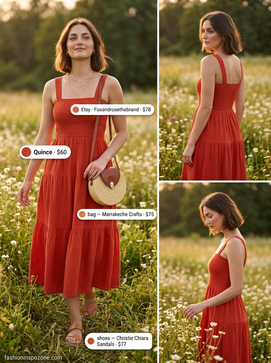 Terracotta maxi sundress outfit for summer picnic 2026. Bohemian style with straw bag and gold jewelry.