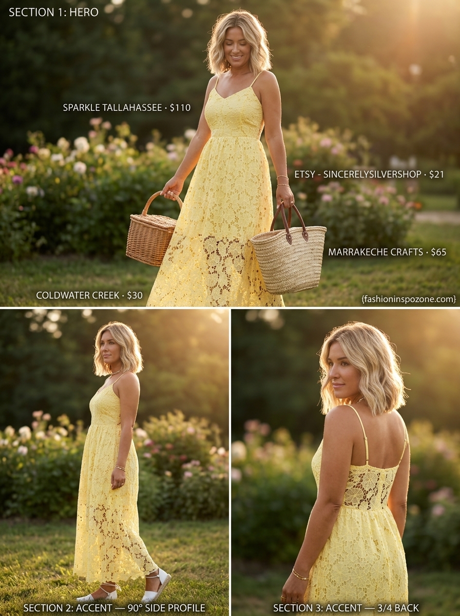 Lemon yellow lace sundress outfit for summer picnic 2026. Romantic style with espadrilles and straw tote.