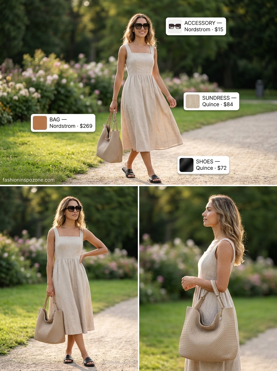 Modern beige linen midi sundress outfit for a summer picnic 2026, with minimalist sandals and oversized sunglasses.