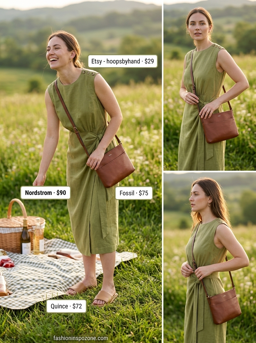 Olive green midi sundress outfit for modern minimalist picnic 2026. Chic look with leather slides and crossbody.