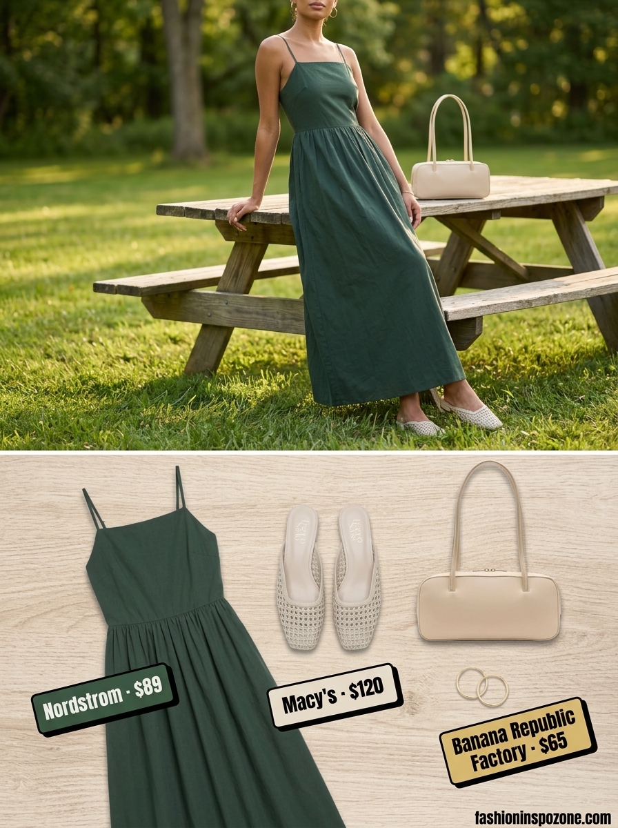 Chic sage green linen sundress outfit for a summer picnic 2026, paired with cream mules and gold earrings.