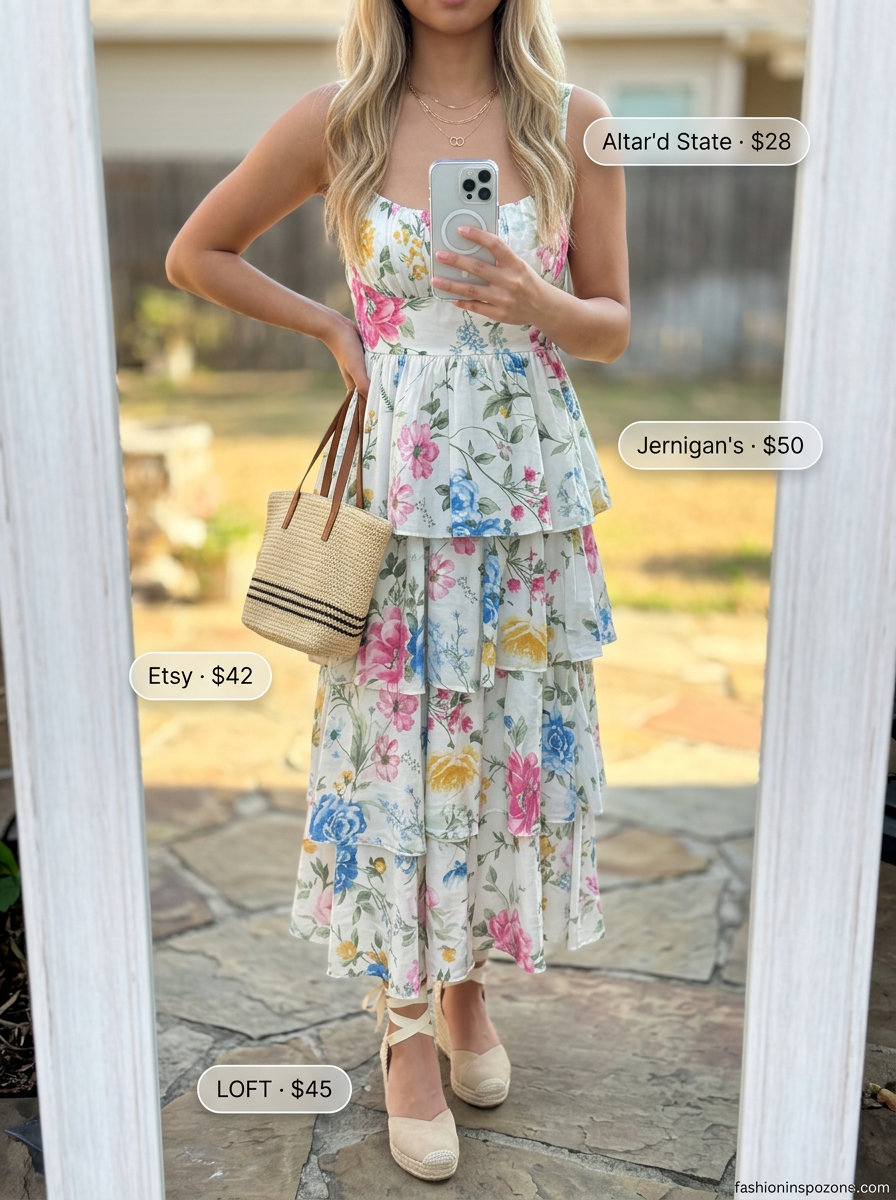 Pastel floral A-line sundress for summer picnic outfits 2026, with espadrilles and straw tote.
