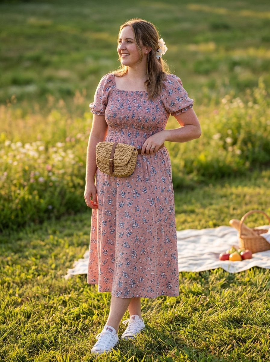 Sweet dusty rose prairie sundress outfit for a summer picnic 2026, with sneakers and a woven belt bag.