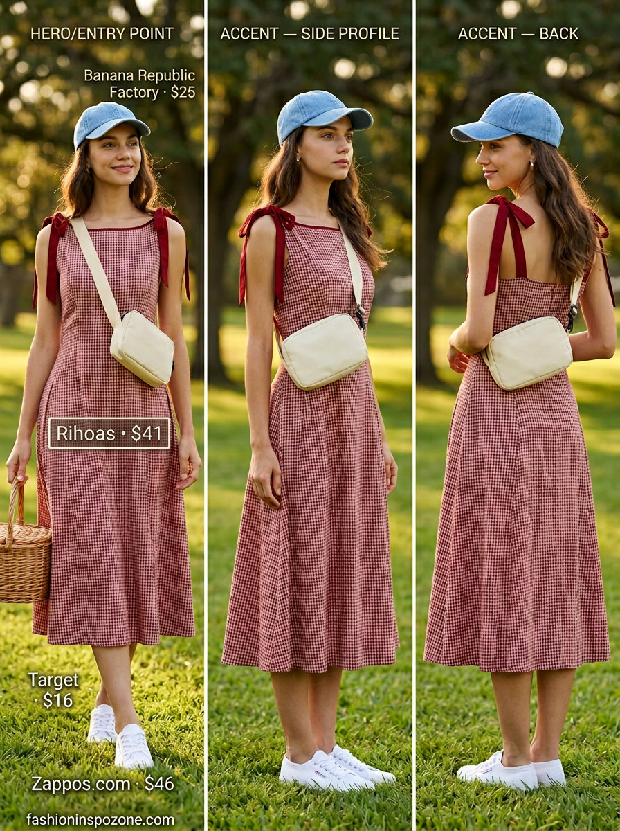 Red gingham midi sundress for summer picnic outfits 2026, with canvas sneakers and denim cap.