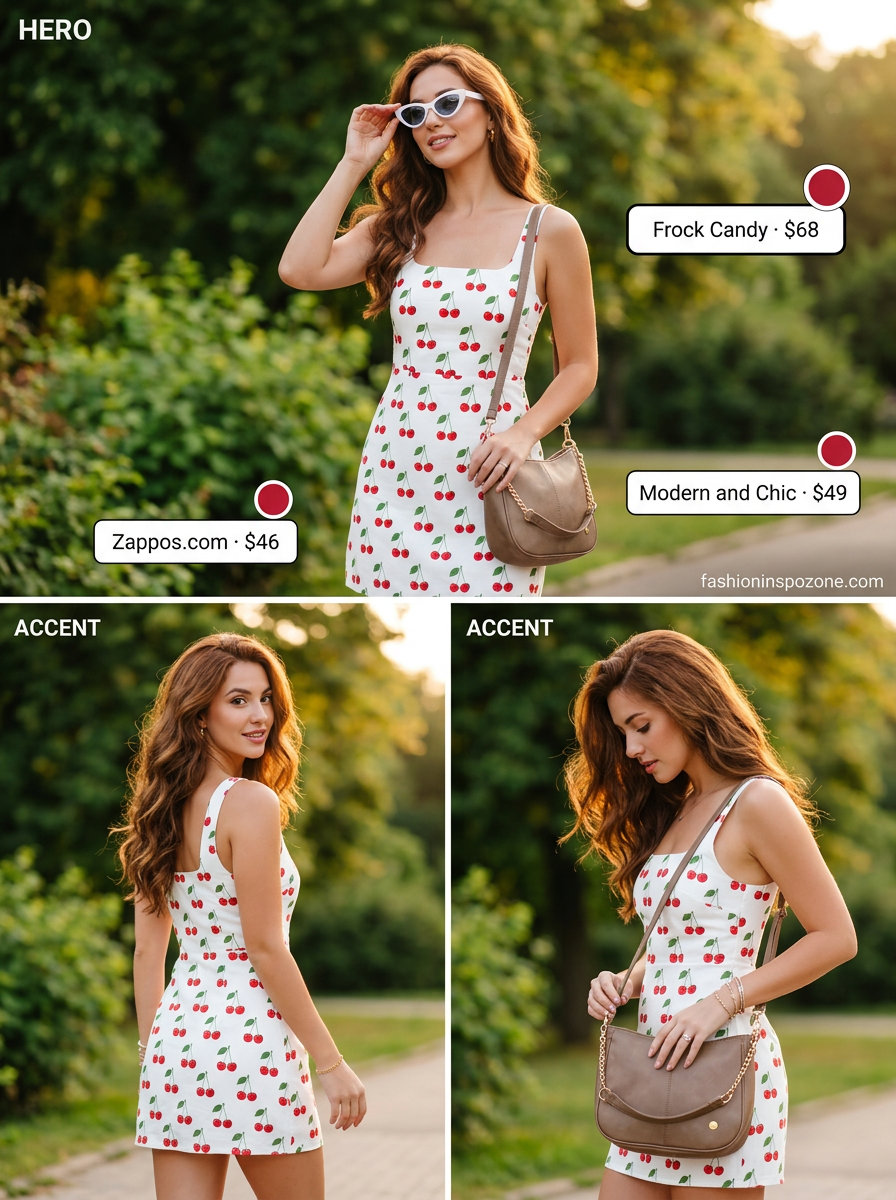 Cherry red sundress outfit for retro summer picnic 2026. Playful print with canvas sneakers and cat-eye glasses.