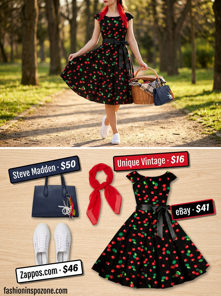Retro cherry print sundress outfit for a summer picnic 2026, with canvas sneakers and a red scarf.
