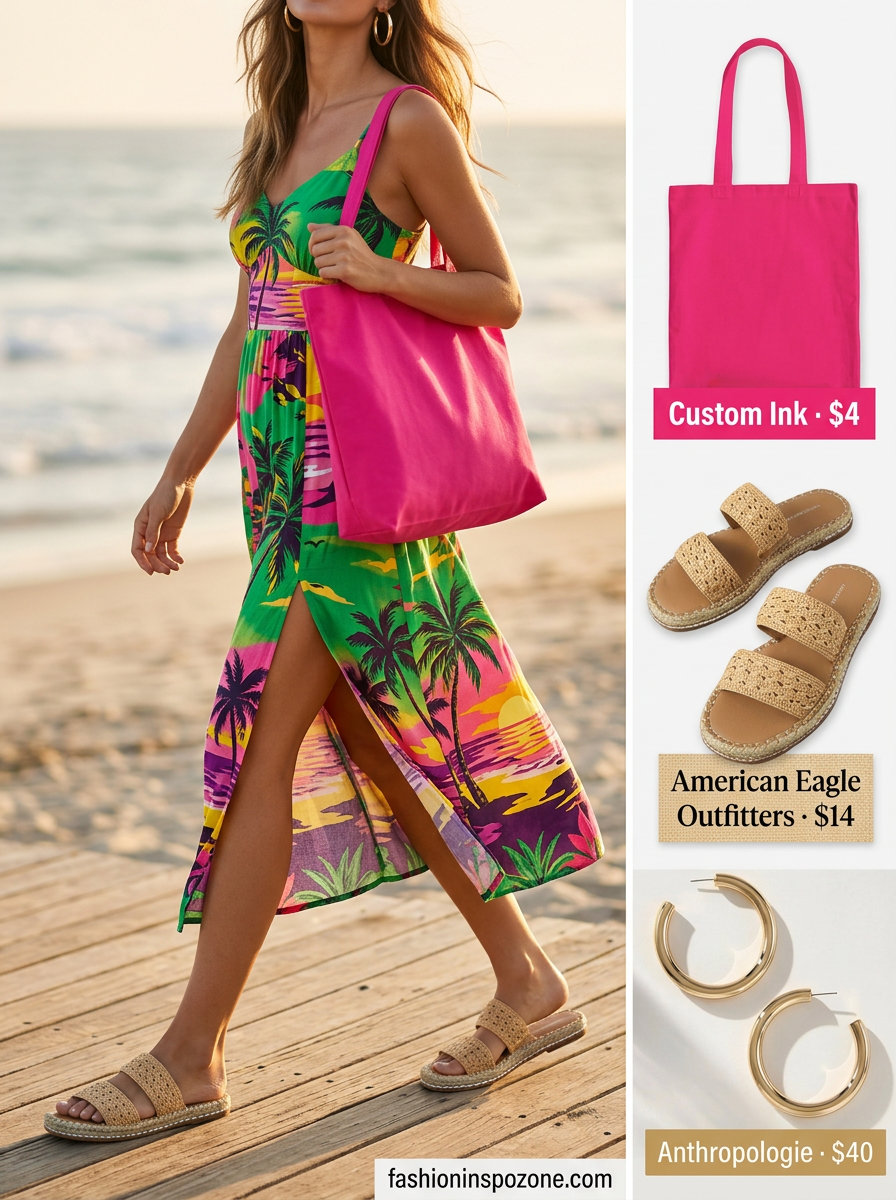 Vibrant tropical print sundress outfit for a summer picnic 2026, with raffia slides and a bright tote.