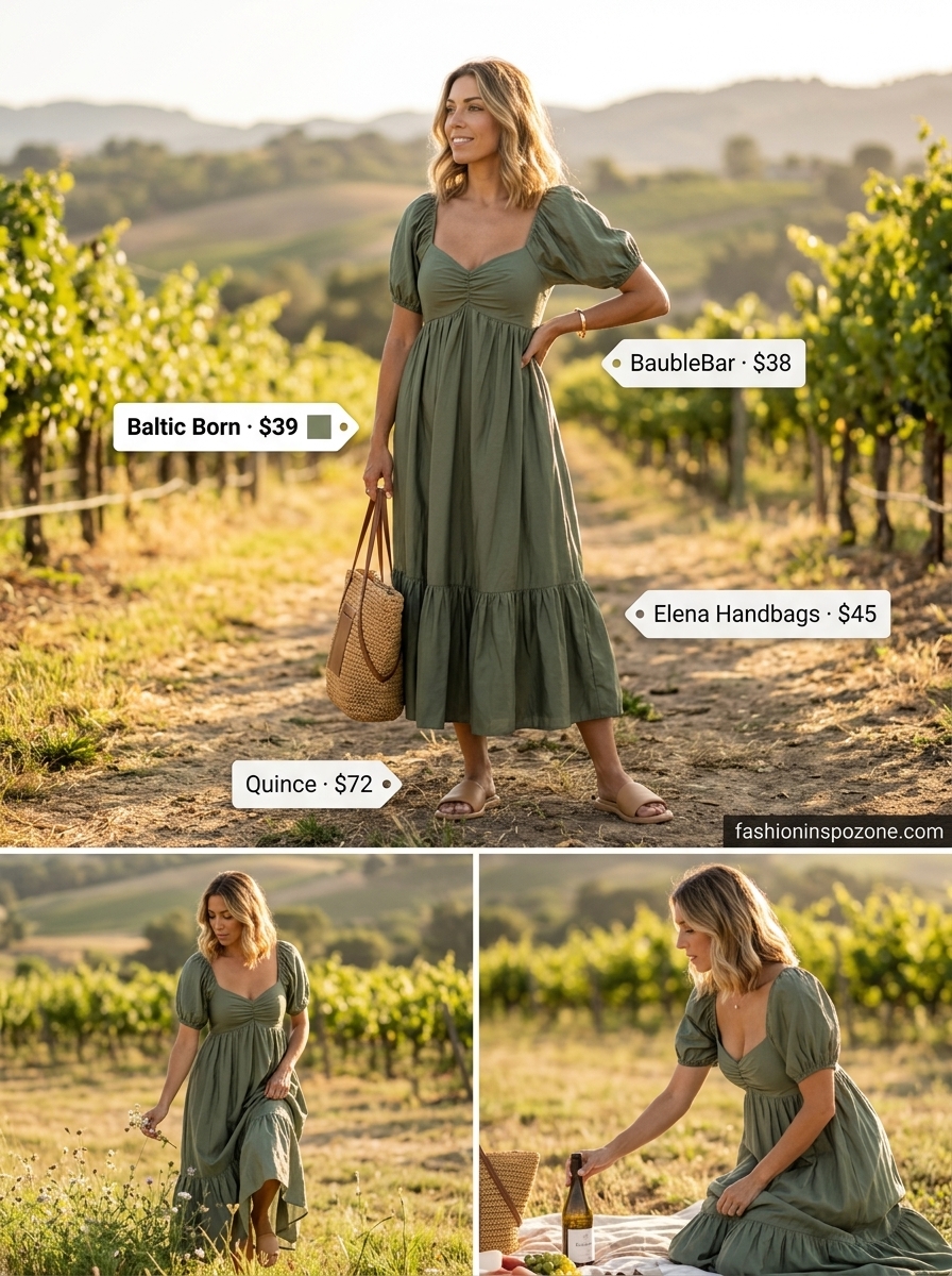 Sophisticated olive green midi sundress outfit for a vineyard picnic 2026, with leather slides and straw tote.
