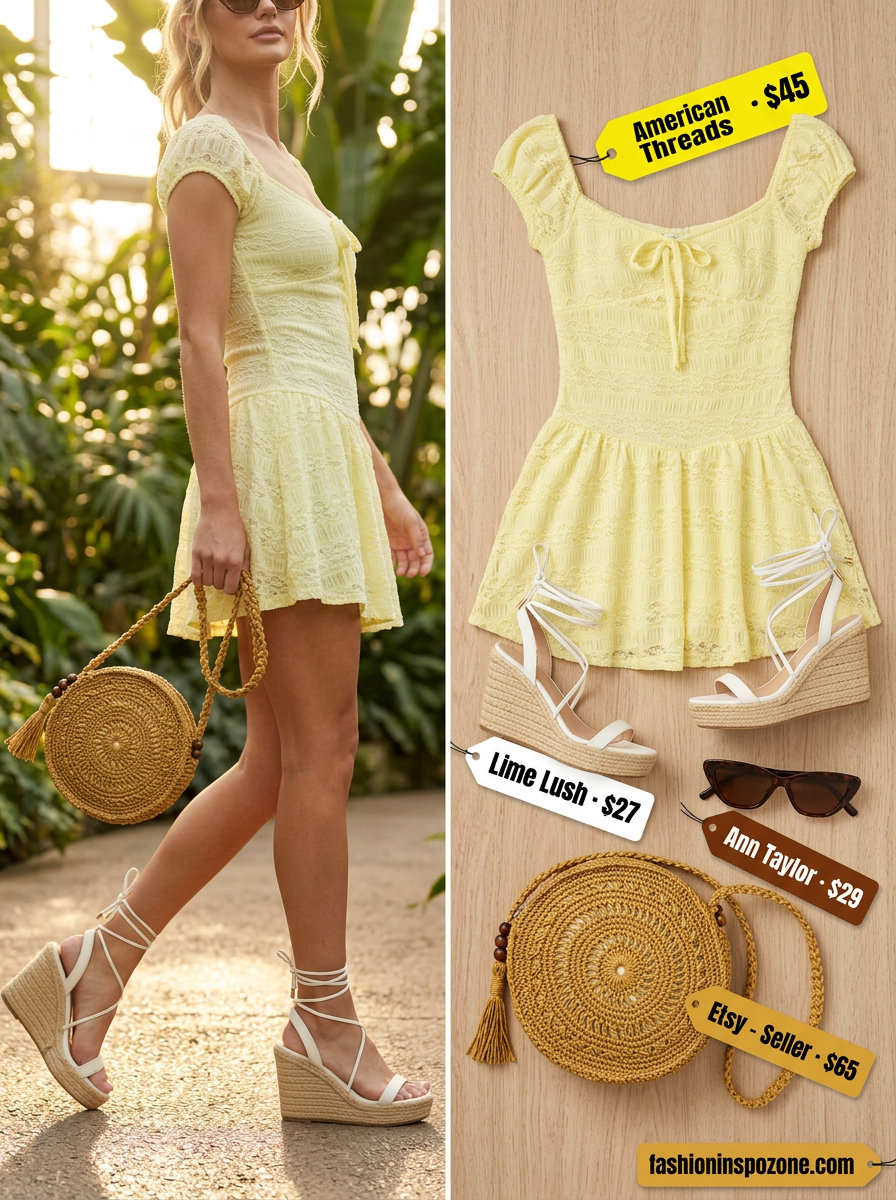 Sunshine yellow eyelet sundress for summer picnic outfits 2026, with raffia espadrilles and crossbody bag.