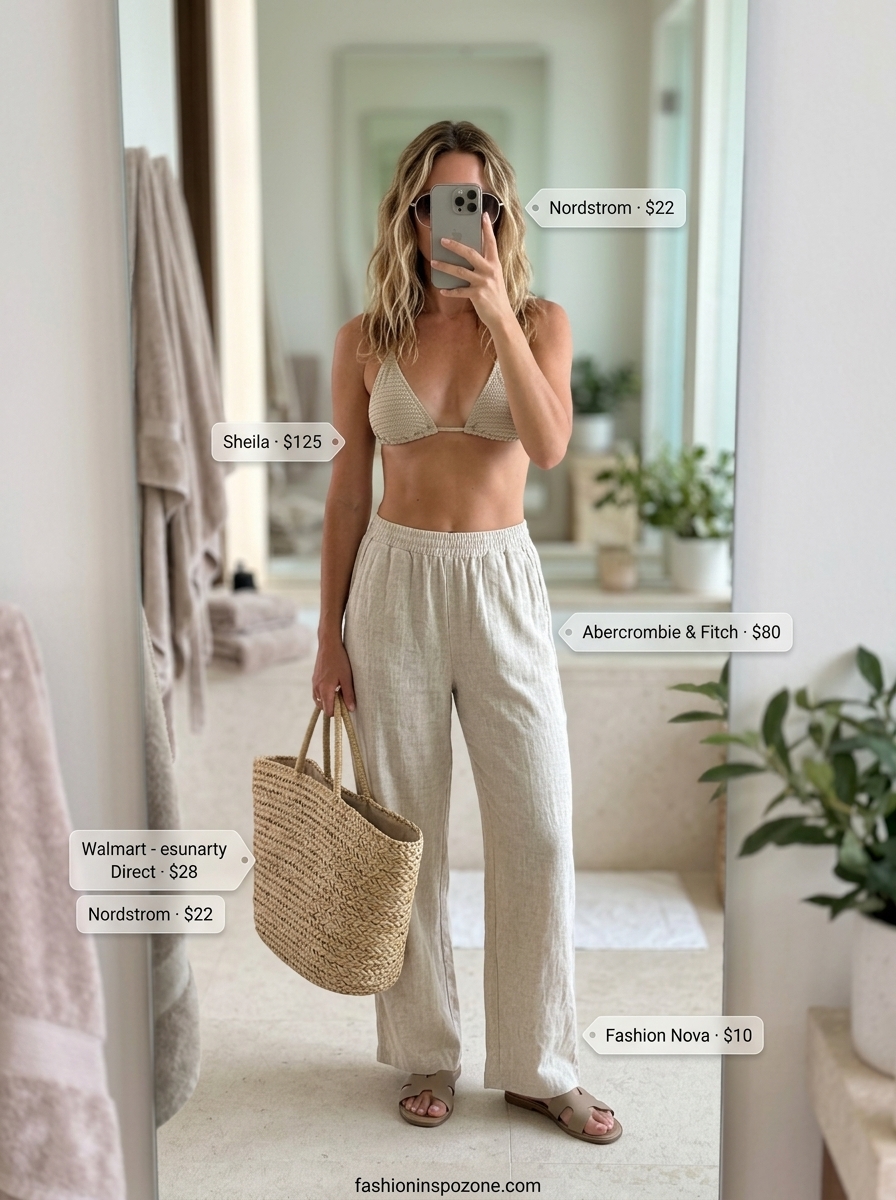 Relaxed Pool Party Outfits for Women 2026 Relaxed summer pool party cover up outfits for women 2026: sandy beige linen pants, teal bikini, straw tote.