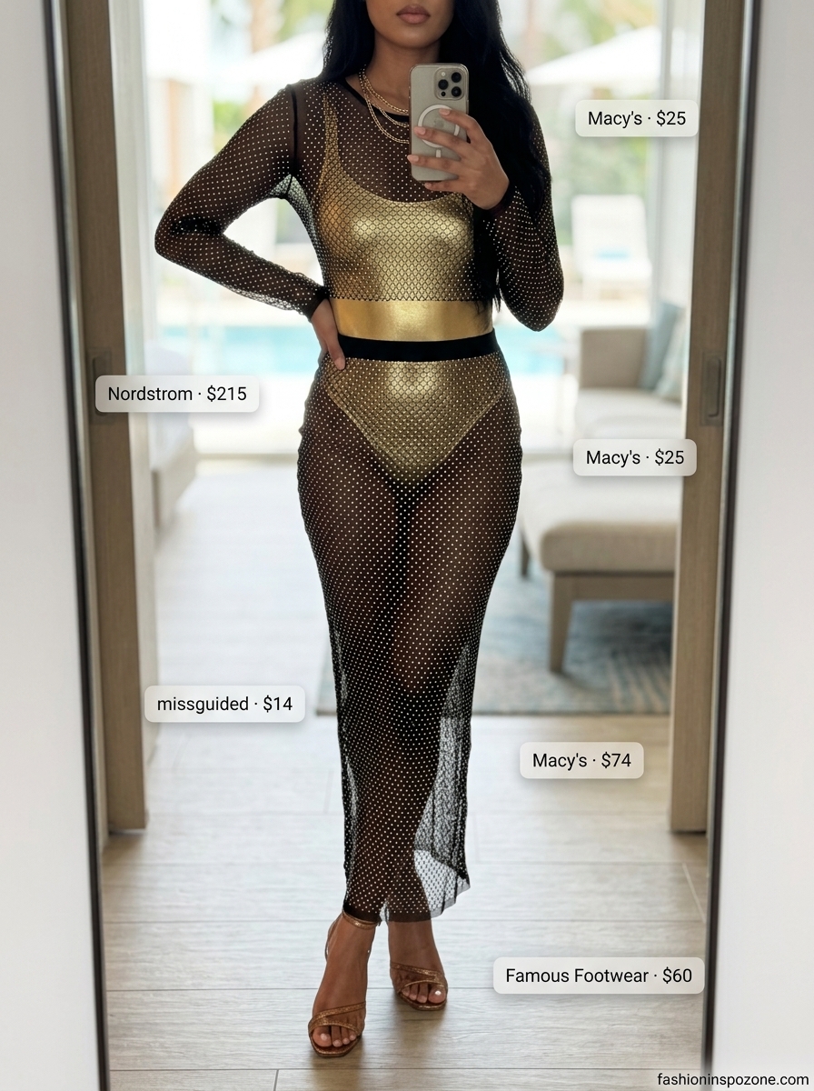 Glamorous Sunset Soirée Outfits 2026 Glamorous black mesh cover-up with metallic swimsuit for evening summer pool party outfits for women 2026.